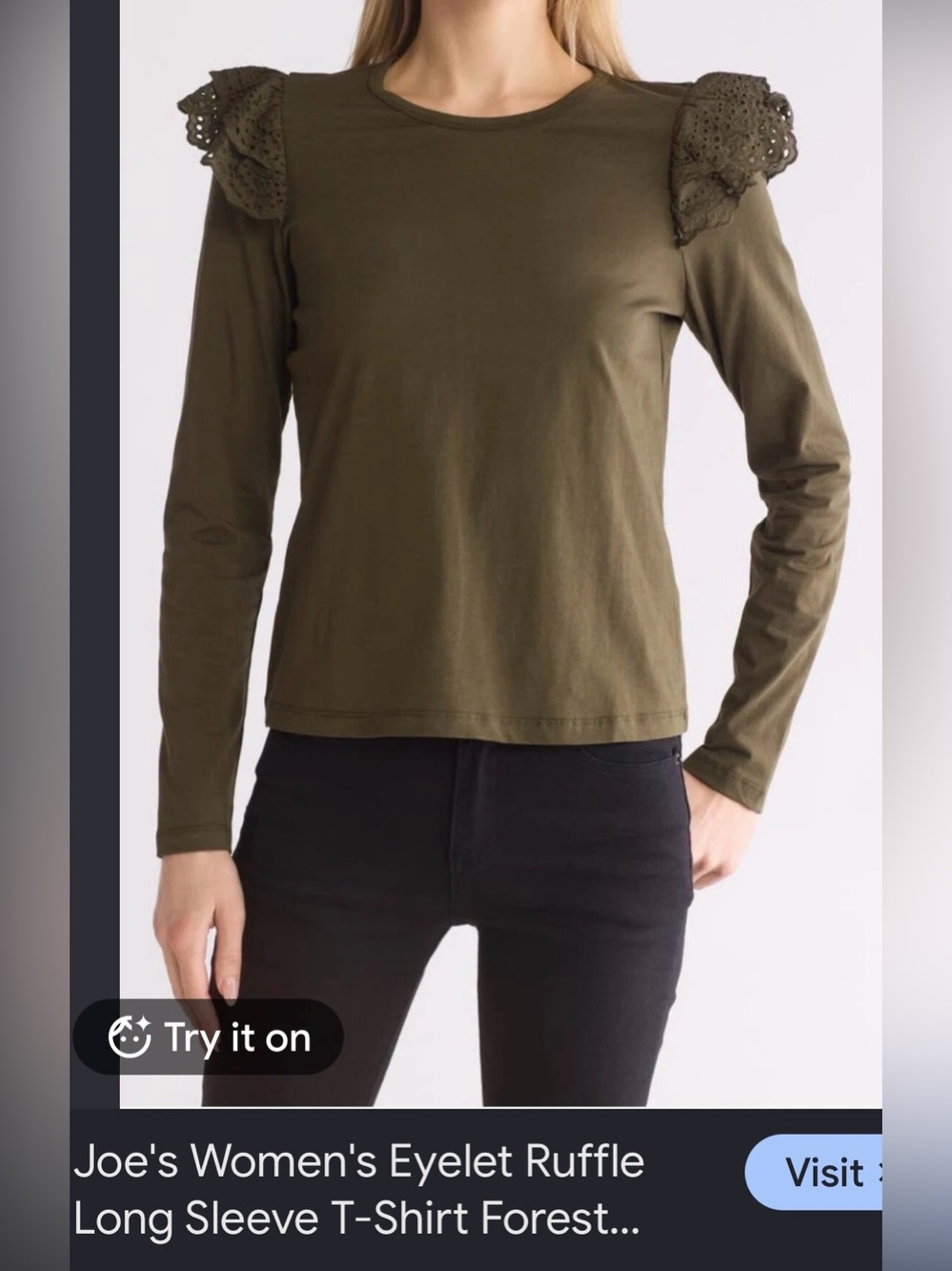 Joe's Jeans Olive Eyelet Ruffle Shoulder Long Sleeve Top